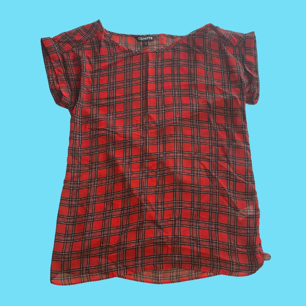 Express Red Plaid see through short sleeve shirt size small